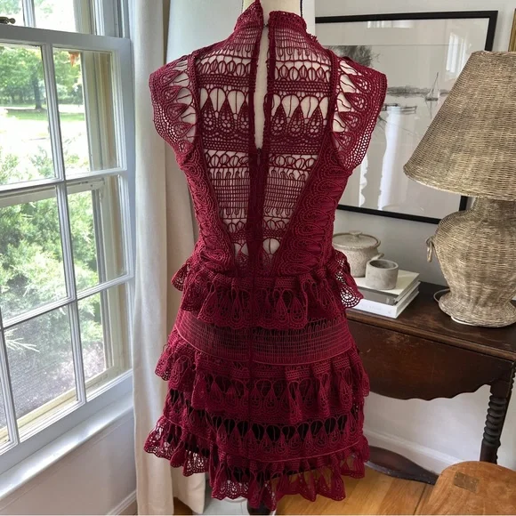Self Portrait Teardrop Guipure Lace Dress Burgundy - Picture 10 of 10